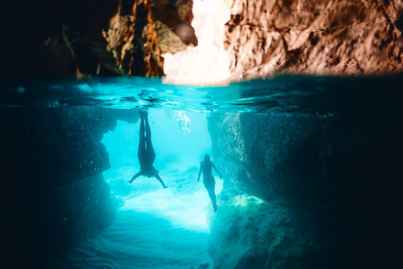 The girls inspecting the Green Grotto, Capri