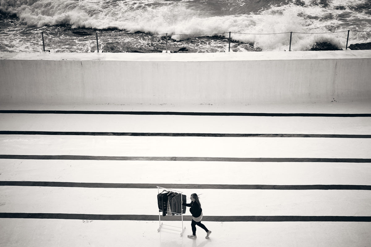 Alison taking her clothes for a walk at Icebergs this morning