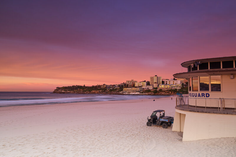 Pinkie skies over the Lifeguard tower, Bondi this morning